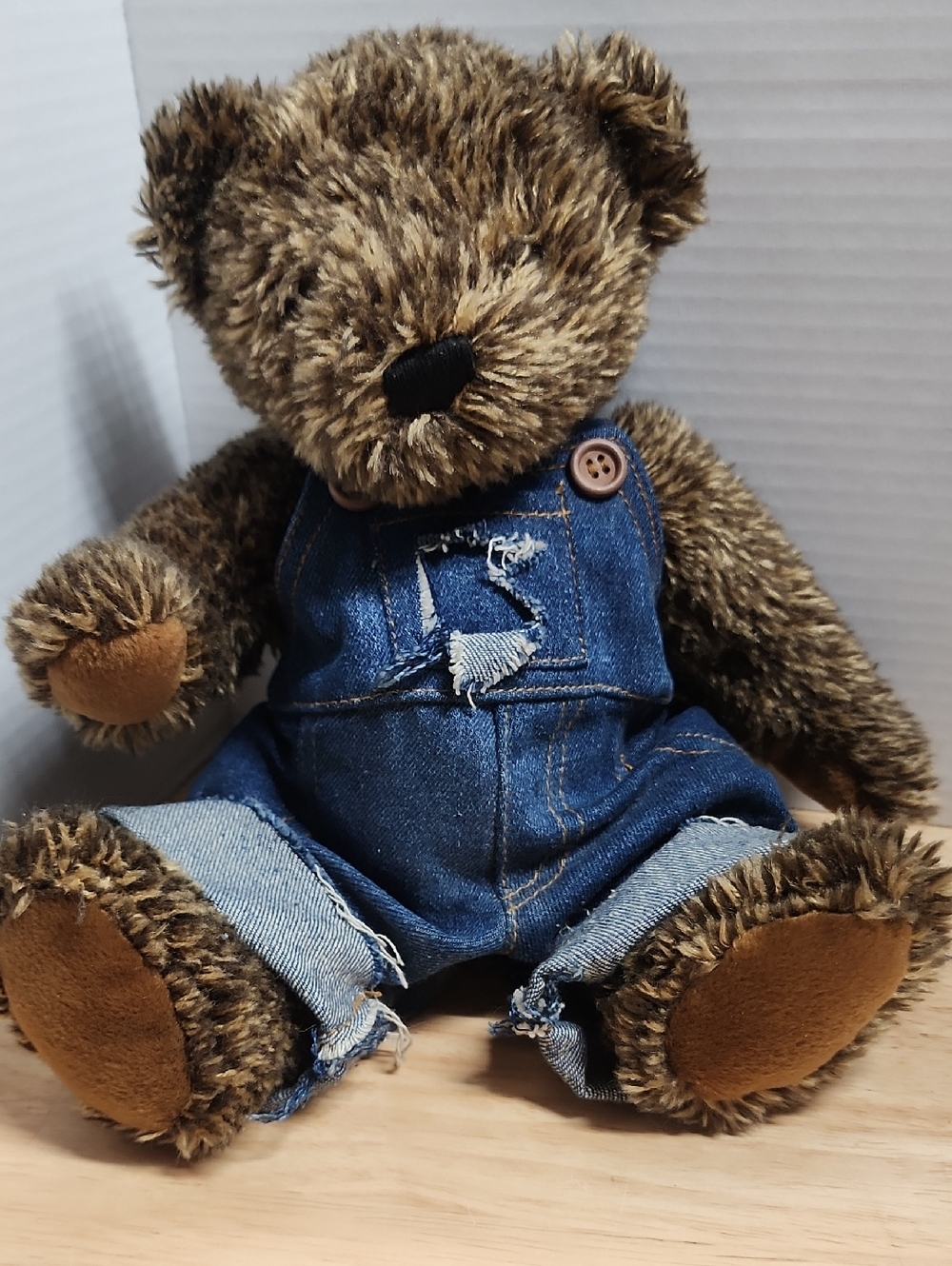 Brown Plush Teddy Bear in Denim Overalls DANDEE